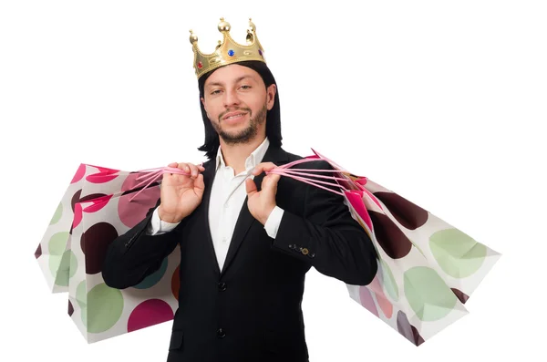 Black suit man holding plastic bags isolated on white — Stock Photo, Image