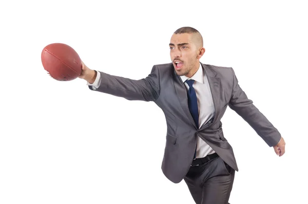 Hombre con pelota de fútbol americano aislado en blanco — Foto de Stock