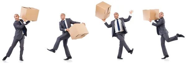 Collage of photos with man and boxes — Stock Photo, Image