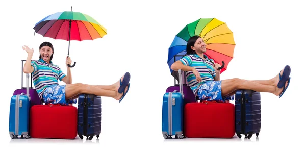Podróżnik z czerwoną walizką i parasolem na białym — Zdjęcie stockowe