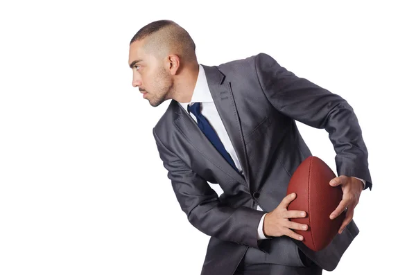 Hombre con pelota de fútbol americano aislado en blanco — Foto de Stock