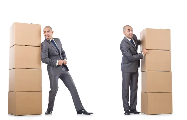 Koláž fotografií s mužem a krabicemi — Stock fotografie