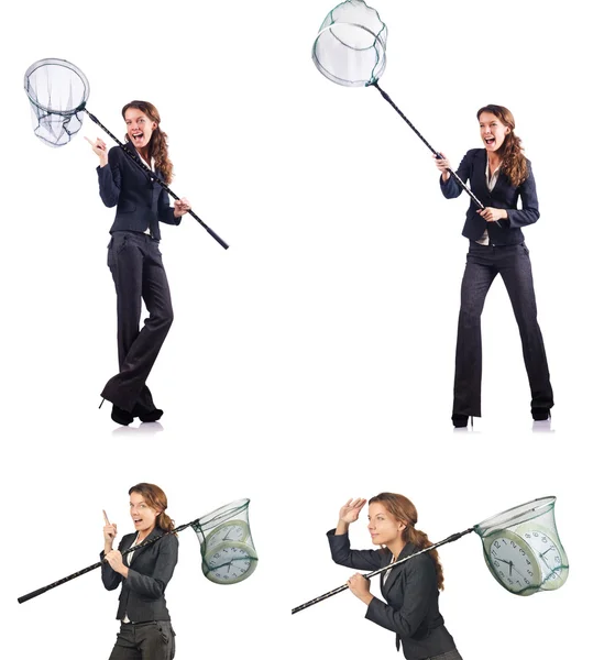 Woman with catching net and clock — Stock Photo, Image
