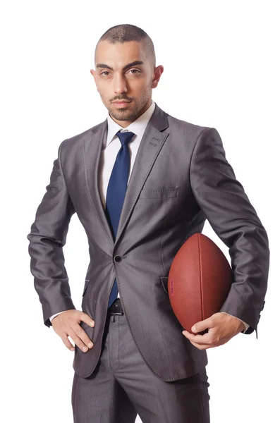 Hombre con pelota de fútbol americano aislado en blanco — Foto de Stock