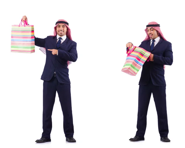 흰색으로 쇼핑 선물을 갖고 있는 아랍 남자 — 스톡 사진