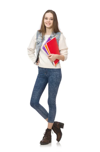 Bella studente in possesso di libri di testo isolati su bianco — Foto Stock