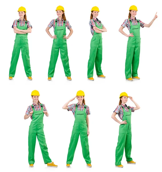 Woman in green coveralls isolated on white — Stock Photo, Image