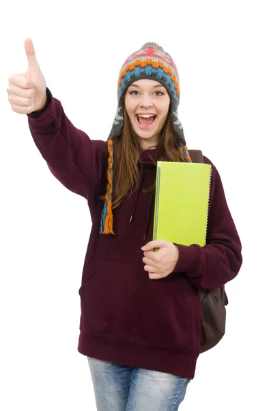 Lächelnder Student mit Rucksack und Buch auf weißem Grund — Stockfoto
