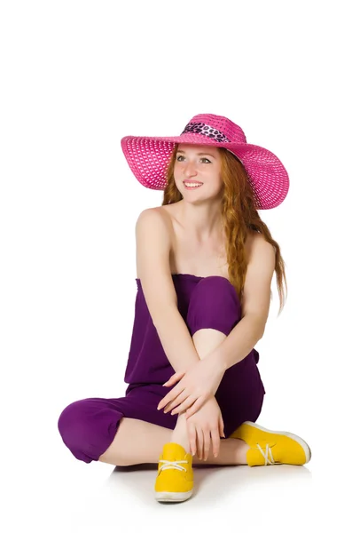 Pretty romantic girl in purple overalls isolated on white — Stock Photo, Image