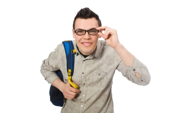 Sorridente studente caucasico con zaino isolato su bianco — Foto Stock