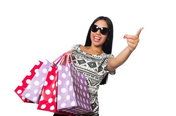 Mujer con bolsas aisladas en blanco —  Fotos de Stock