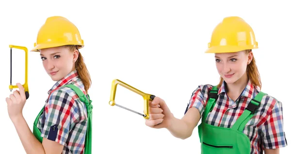 Female handyman in overalls isolated on white — Stock Photo, Image