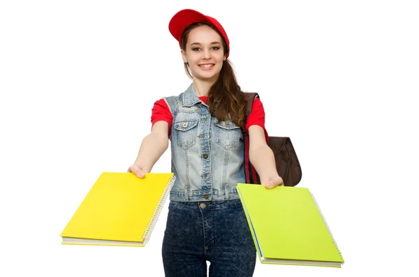 Estudante segurando livros isolados em branco — Fotografia de Stock