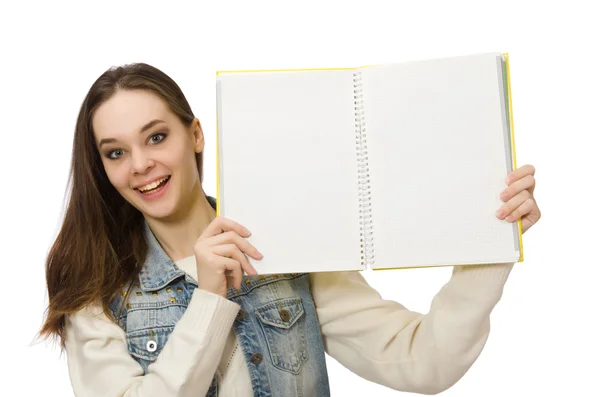 Grazioso studente tenendo vuoto notebook isolato su bianco — Foto Stock