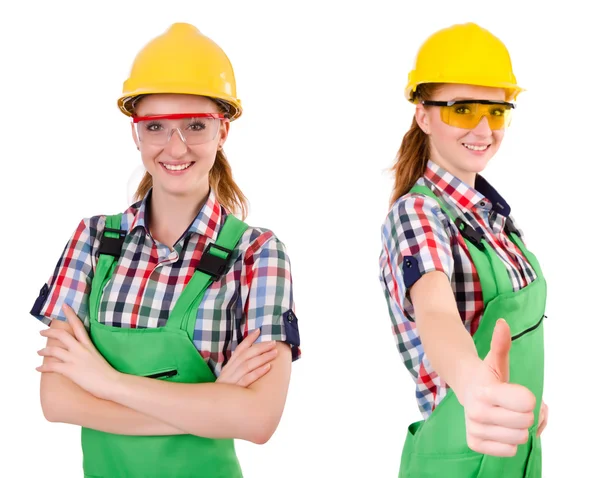 Woman in green coveralls isolated on white — Stock Photo, Image