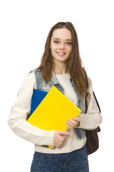 Mooie student houdt leerboeken geïsoleerd op wit — Stockfoto