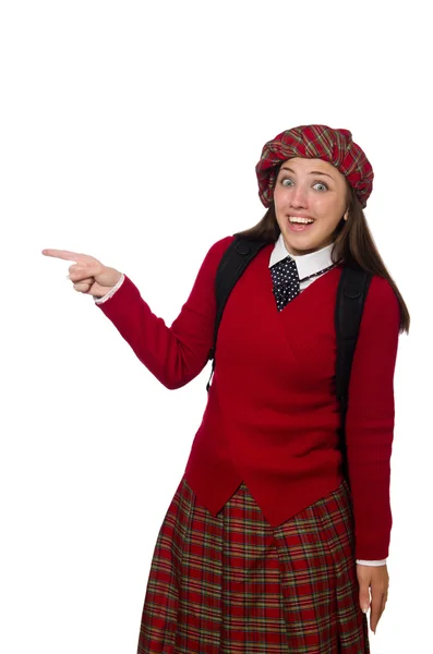 Ragazza in tartan scozzese abbigliamento isolato su bianco — Foto Stock