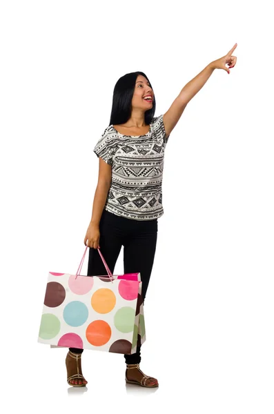 Donna con shopping bags isolata su bianco — Foto Stock