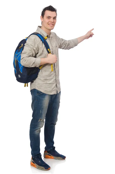 Estudante caucasiano sorridente com mochila isolada em branco — Fotografia de Stock