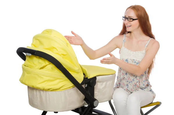 Mujer con bebé y cochecito aislado en blanco — Foto de Stock