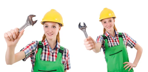 Constructon worker female with wrench isolated on white — Stock Photo, Image