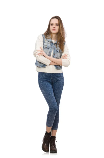 Menina bonita em jeans roupas isoladas no branco — Fotografia de Stock