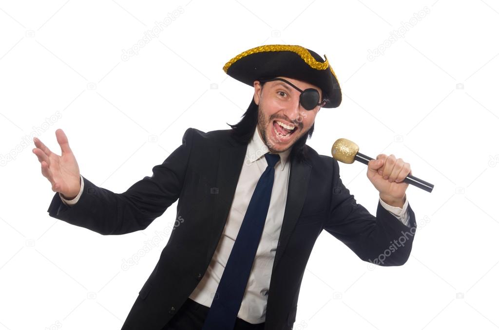 Pirate businessman holding the microphone isolated on white