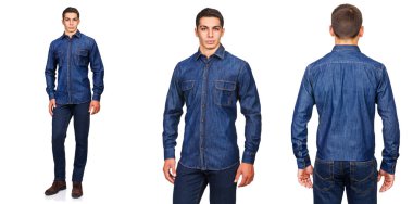 Moda konsepti olan genç bir adam beyazlara izole edilmiş.