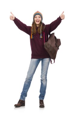 Sırt çantalı gülümseyen öğrenci beyaza izole edilmiş.