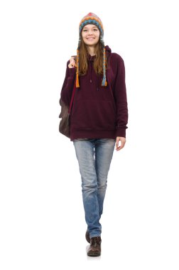 Sırt çantalı gülümseyen öğrenci beyaza izole edilmiş.