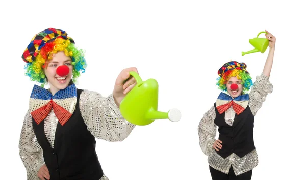 Clown femminile con annaffiatoio isolato su bianco — Foto Stock