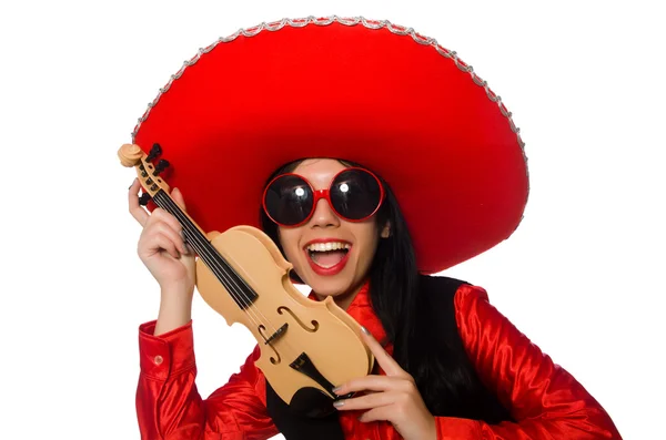 Donna messicana con violino isolato su bianco — Foto Stock