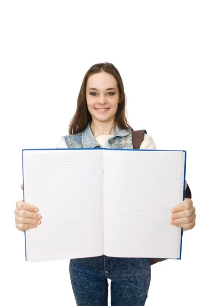 Estudante bonito segurando notebook em branco isolado em branco — Fotografia de Stock