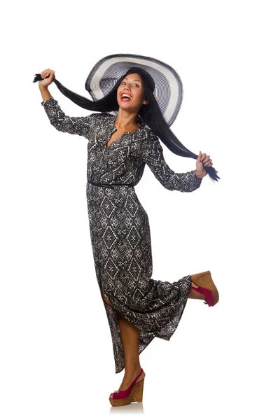 Mujer de pelo negro en vestido gris largo y sombrero aislado en blanco — Foto de Stock