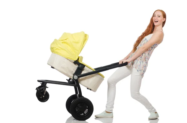 Frau mit Baby und Kinderwagen isoliert auf weißem Grund — Stockfoto