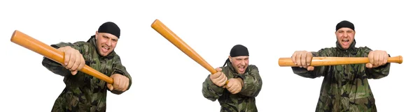 Soldato con mazza da baseball su bianco — Foto Stock