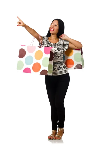 Donna con shopping bags isolata su bianco — Foto Stock