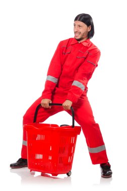 Kırmızı tulumlu adam beyaz üzerine izole edilmiş.