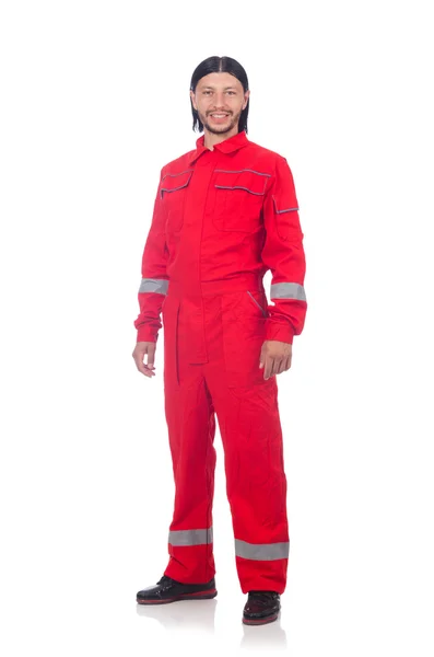 Man wearing red coveralls isolated on white — Stock Photo, Image