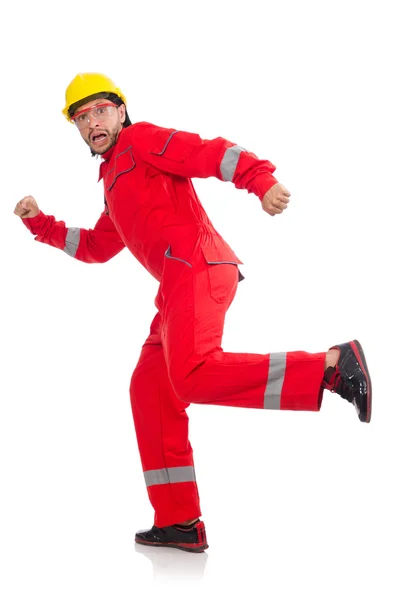 Man wearing red coveralls isolated on white — Stock Photo, Image