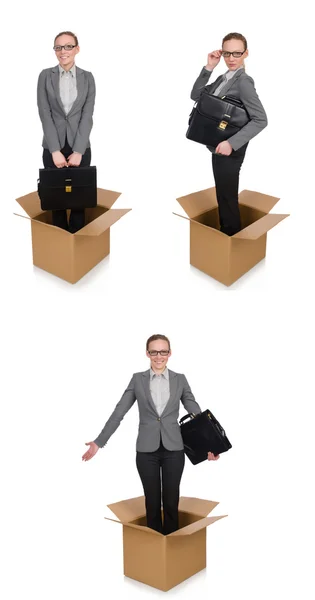 Composite image of woman with boxes on white — Stock Photo, Image