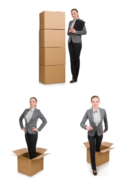 Imagem composta de mulher com caixas em branco — Fotografia de Stock