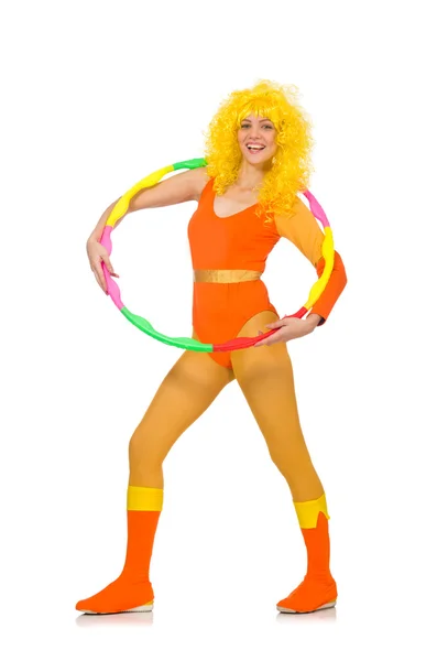 Woman with hula hoop isolated on white — Stock Photo, Image