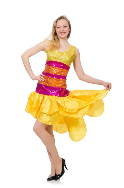 Frau in lustigem funkelndem gelben Kleid isoliert auf weißem Grund — Stockfoto