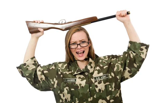 Meisje in militair uniform houdt het pistool geïsoleerd op wit — Stockfoto
