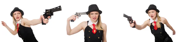 Gangster vrouw met pistool op wit — Stockfoto