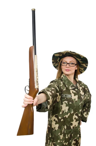 Menina de uniforme militar segurando a arma isolada no branco — Fotografia de Stock