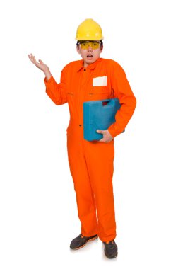 Beyaz tulumlu adam izole edilmiş.