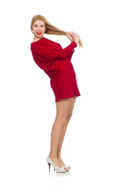 Kırmızı elbiseli güzel bir kız, beyaz tenli.