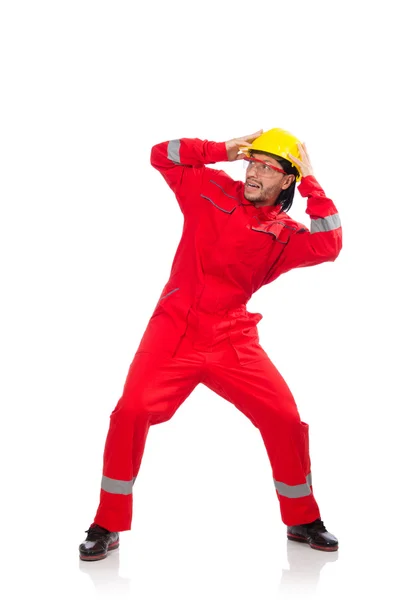 Hombre con monos rojos aislados en blanco —  Fotos de Stock